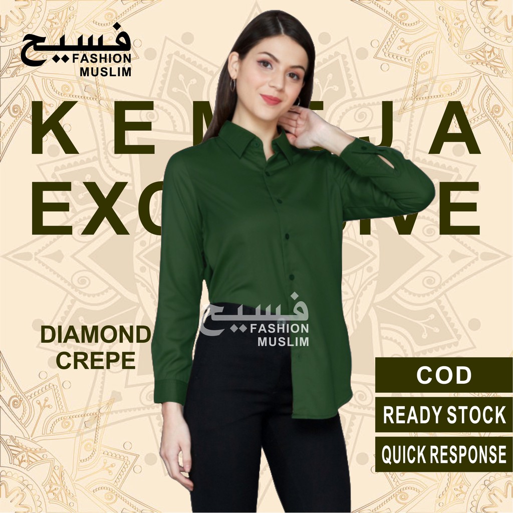 kemeja wanita polos lengan panjang basic kekinian hem cewek baju kantor slimfit simple terbaru murah-HIJAU BOTOL