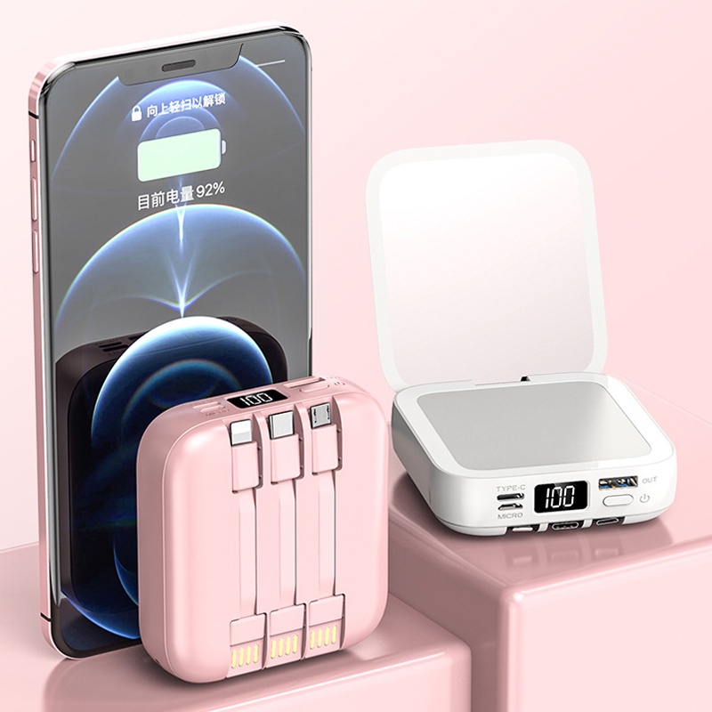 10000mAh PowerBank Pengisian Cepat dengan Cermin Lipat 3 in 1 Powerbank Beauty Mirror