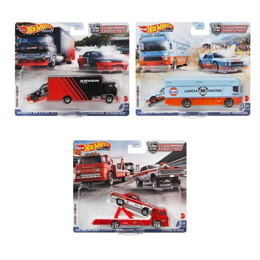 Diecast Hot Wheels Team Transport SET K Lancia Rally 037 Gulf Nissan Skyline GTR R32 Advan Mercury