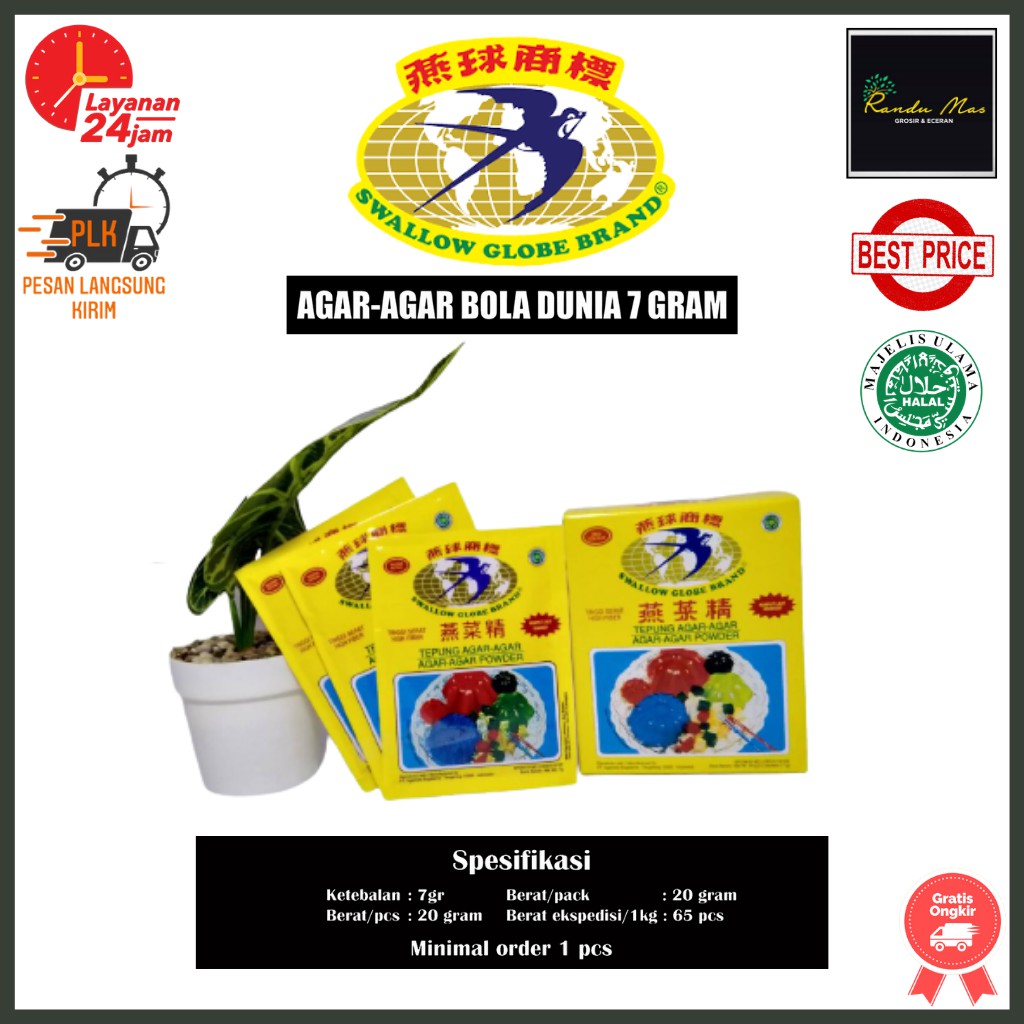 

Agar Swallow Putih Sachet 7gr Tepung Agar-Agar Plain Globe Jelly Powder Cap Bola Dunia Agarindo