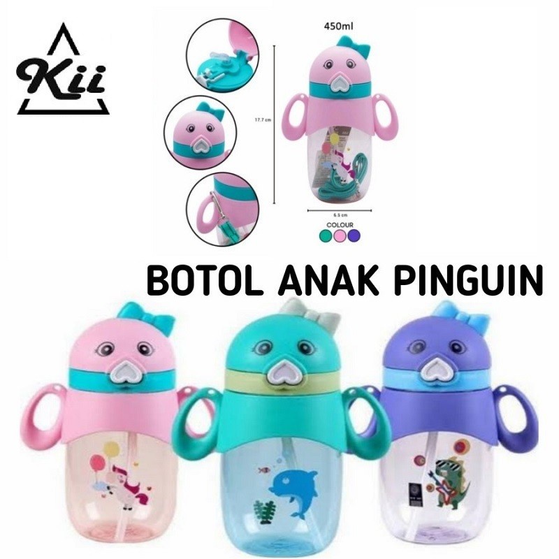 Botol Minum 450ml - Botol Minum Sedotan Karakter Pinguin