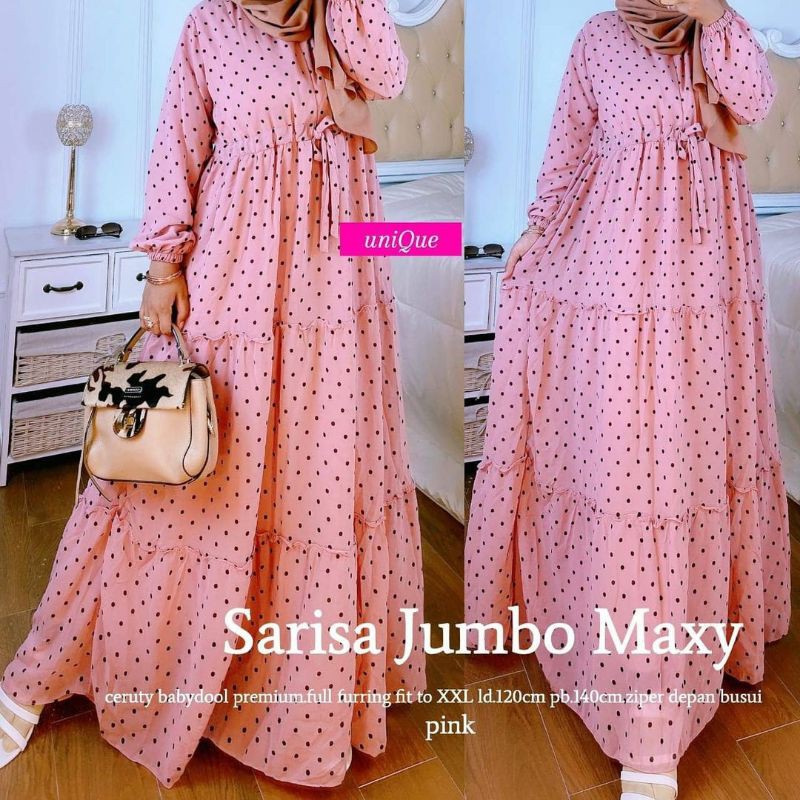 Sarisa Jumbo Maxy ori by unique / dress ceruty gamis busui motif polka ld 120 fit xxl murah kekinian