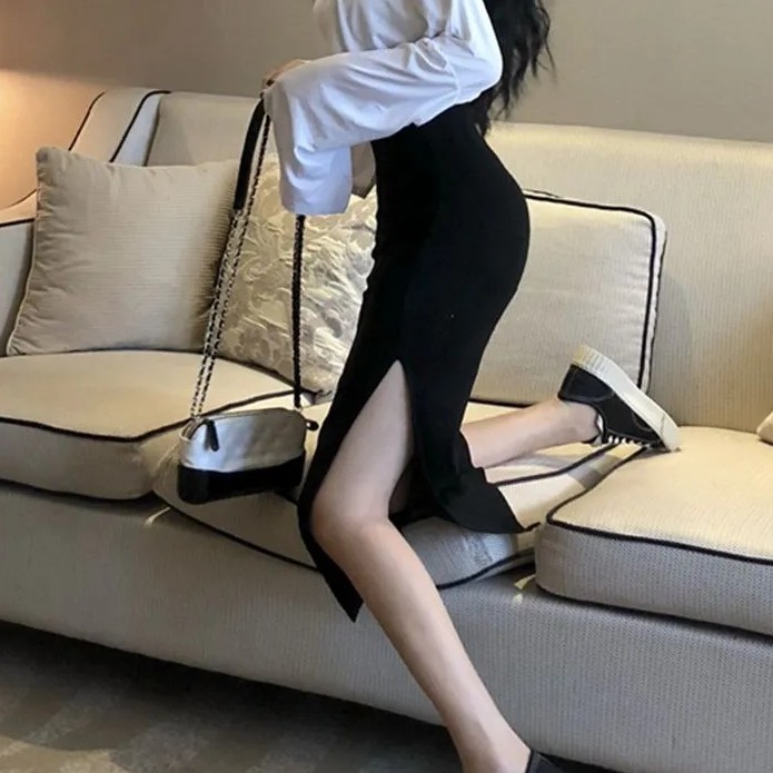 Korean Midi Skirt Plain Split Rok Belah Hitam Polos 1265 (S/M/L)-5