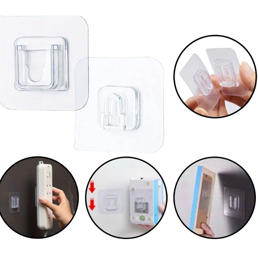 JM GANTUNGAN TEMPEL SOCKET HOOK TRANSPARAN 1 PASANG / GANTUNGAN PLUS MINUS DOUBLE TAPE SERBAGUNA / Gantungan Tempel Magic Hook Cadangan Stiker Lem Dinding Transparan Laci Pigura Jam Kamar Serbaguna