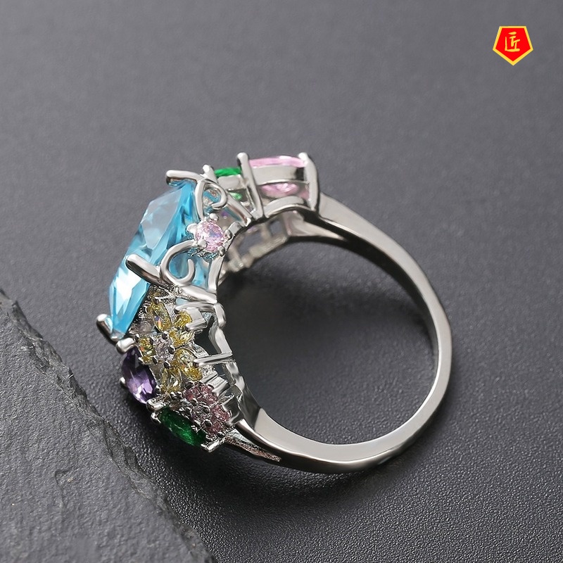 [Ready Stock]Colorful Gemstone Square Ring Sweet and Elegant
