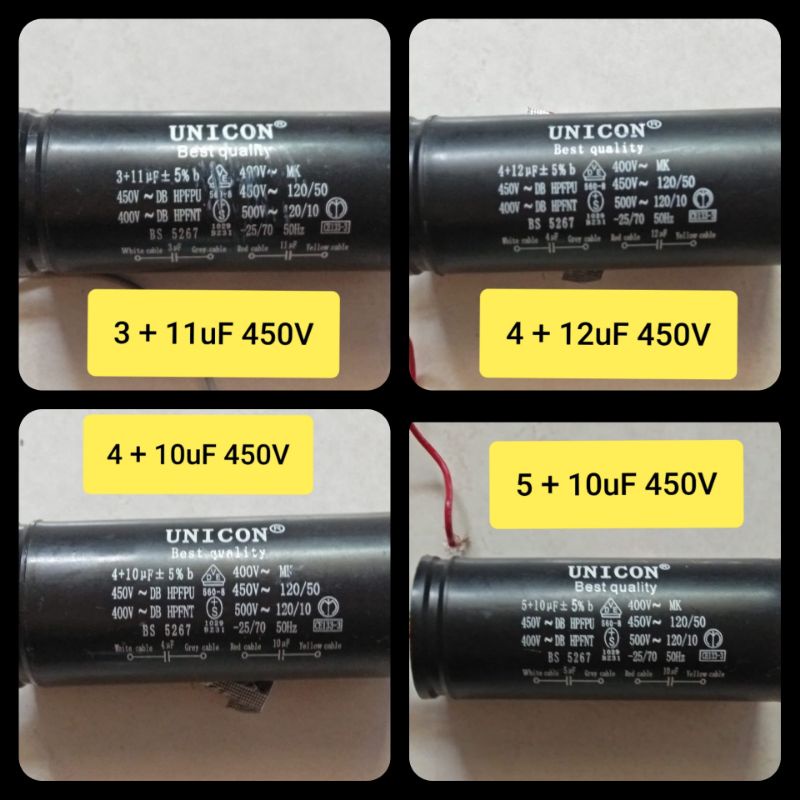 kapasitor Mesin cuci 3 4 5 6 + 10 11 12 14 uF 450 V merek premium