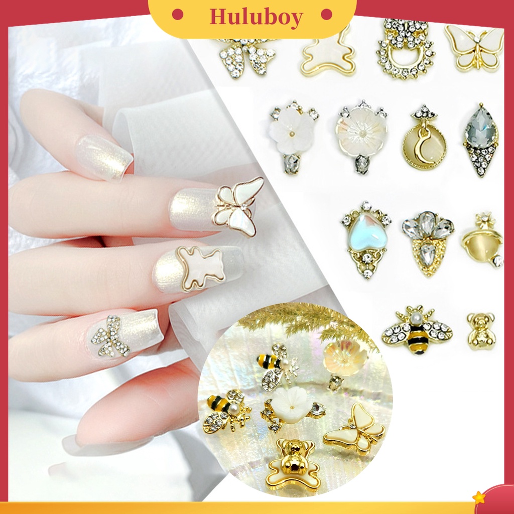 Huluboy Huluboy♡ 10 Pcs Perhiasan Nail Art Bentuk Butterfly Bee Flower Bear 3D Aksen Berlian Imitasi Untuk Dekorasi Manicure