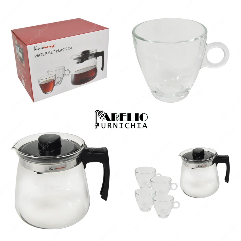 Krishome Set 5 Pcs Teko Teh Dengan Cangkir / Teko set / jug / pitcher / gelas kaca / water set black / tea pot