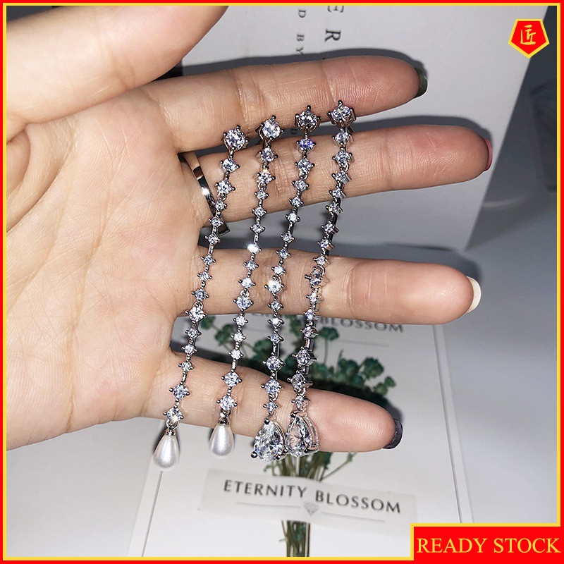 [Ready Stock]Long S925 Silver Diamond Pearl Earrings