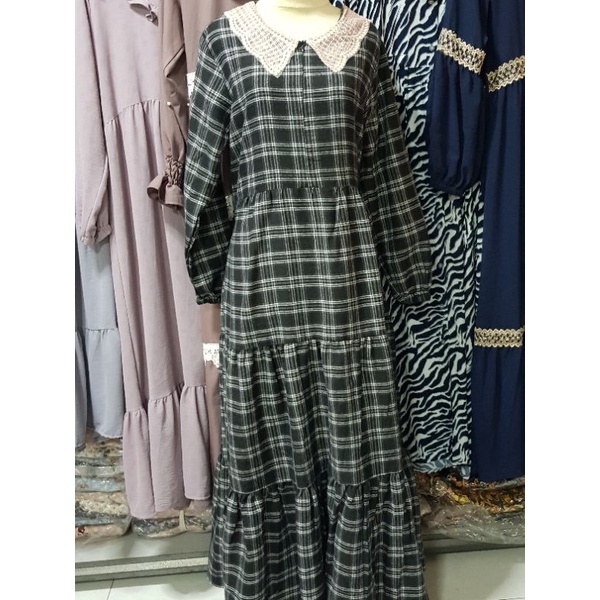 KOREAN MAXI DRESS FLANEL KOTAK PREMIUM RENDA 3510