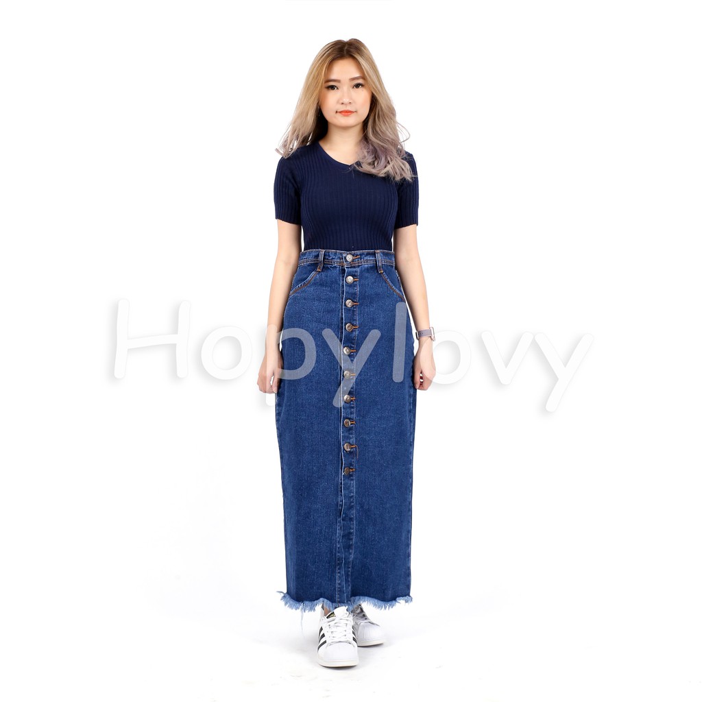 HOPYLOVY - Rok Jeans Panjang Wanita Kancing Depan Belah Front Slit Caca