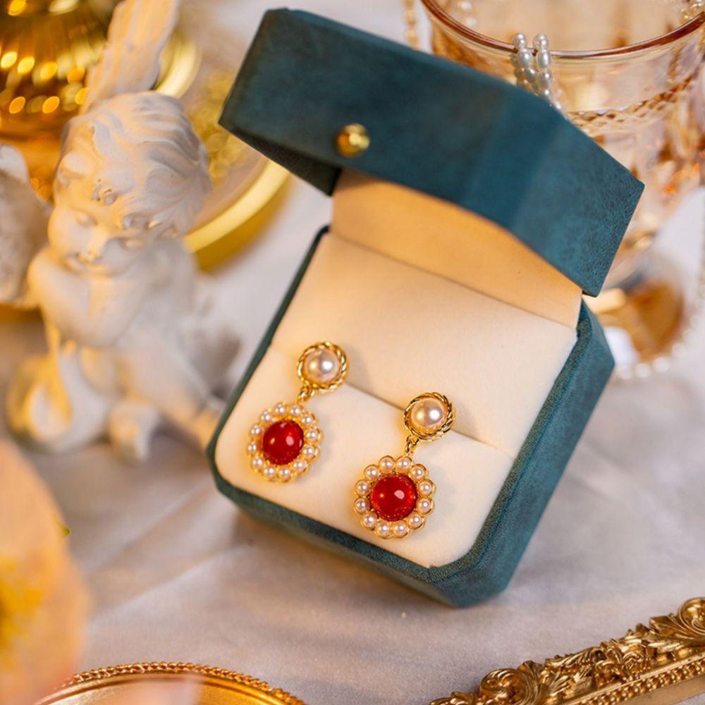 Mxbeauty Ruby Mutiara Liontin Anting Wanita Cantik Fashion Cocok Telinga Perhiasan Hadiah Yang Indah Temperamen Gaya Korea Anting