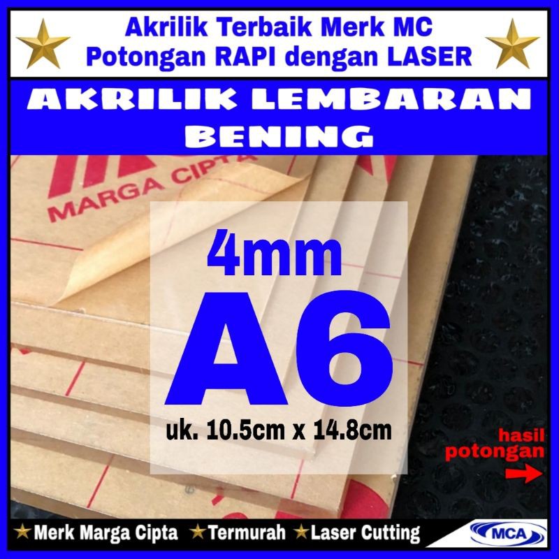 AKRILIK lembaran 4mm uk. A6 / Akrilik bening / Marga cipta / Acrylic