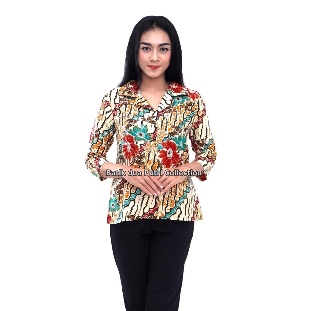 Batik Wanita Modern Atasan Blouse Berkerah Lengan 7/8 Kemeja Wanita By Batik Dua Putri