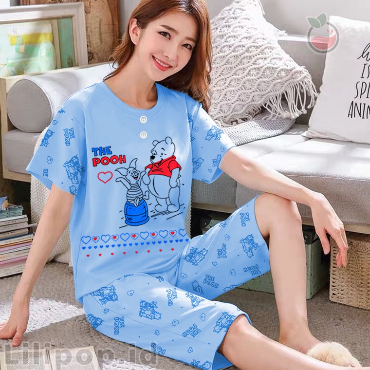 Baju Tidur Stelan 3/4 Wanita Baby doll Celana Pendek Dewasa Allsize Kulot