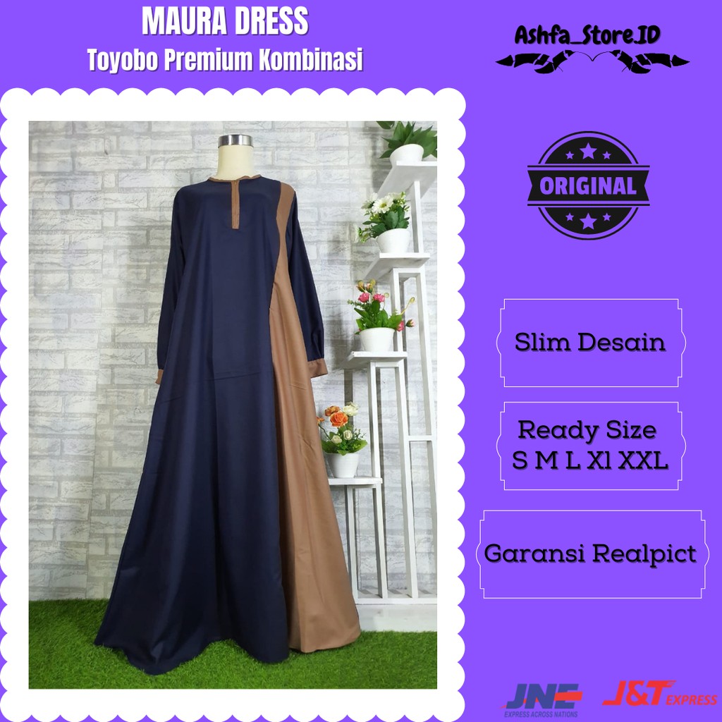 Baju Gamis Syar'i Katun Toyobo Premium Polos Kombinasi Jumbo Busui Original Navy Kombinasi Mocca