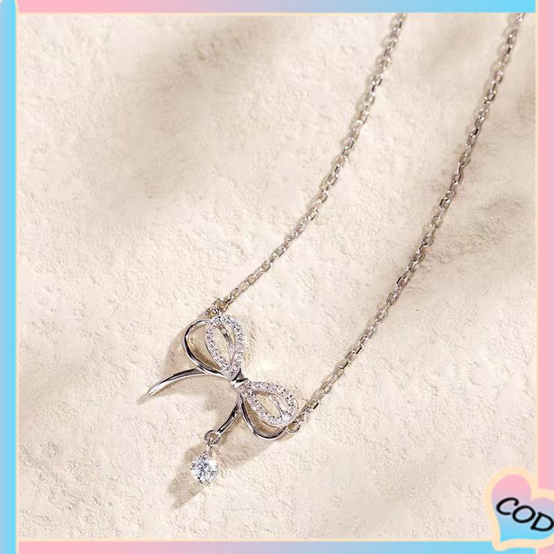 COD❤️ Tiga Dimensi Double-layer Kalung Busur Wanita Cahaya Mewah Niche Water Drop Rantai Tulang Selangka-A.one