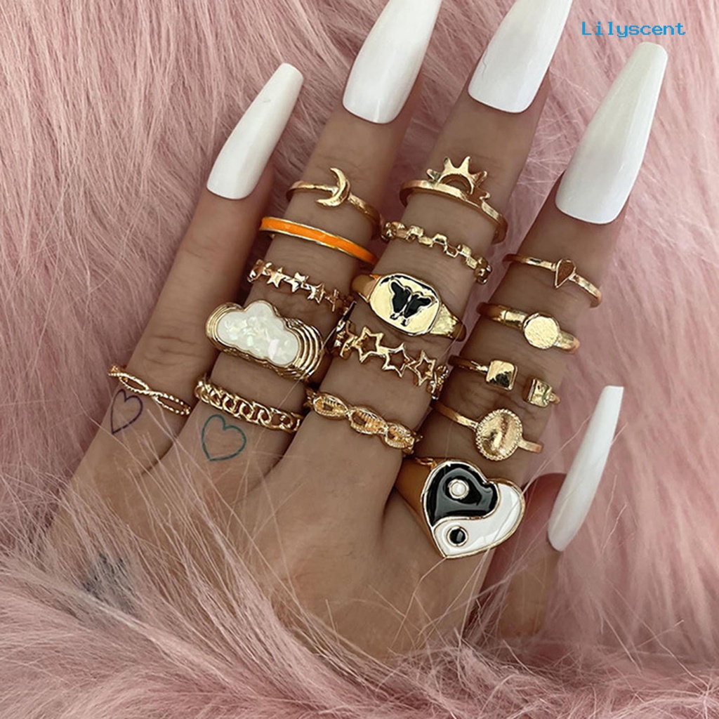 16pcs Cincin Knuckle Bentuk Yin Yang Multi Bentuk Stackable Untuk Wanita