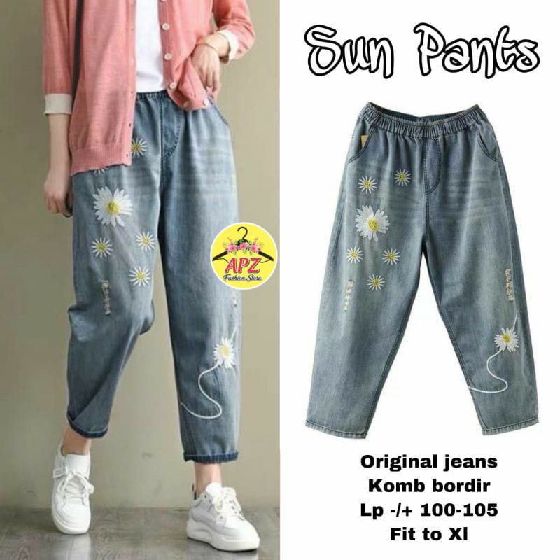 Diamond Pants Jumbo / Smile Pants / Celana Korea / Celana Jeans Bordir / Celana Jeans Big Size