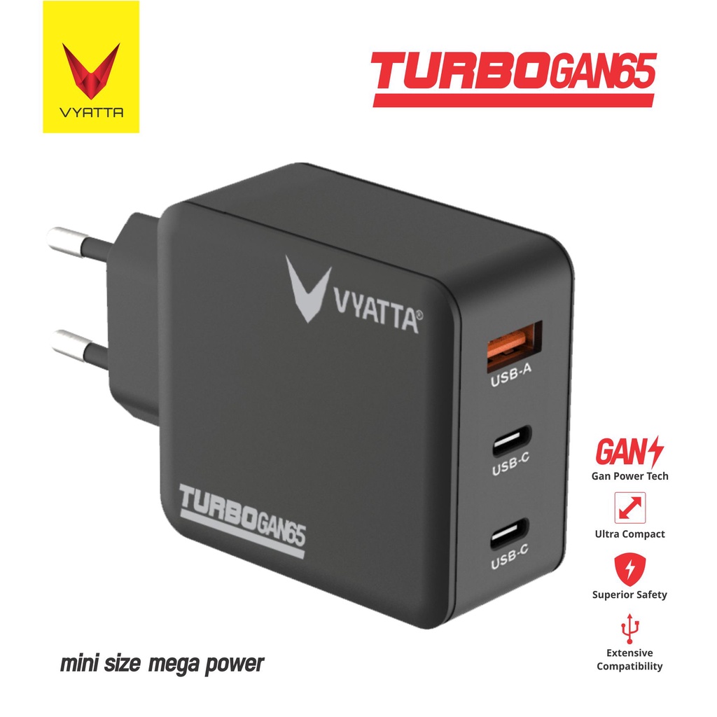 VYATTA TURBO GAN 65W FAST CHARGER PD 2 POWER DELIVERY TYPE C QC FAST CHARGER IPHONE SAMSUNG OPPO MACBOOK