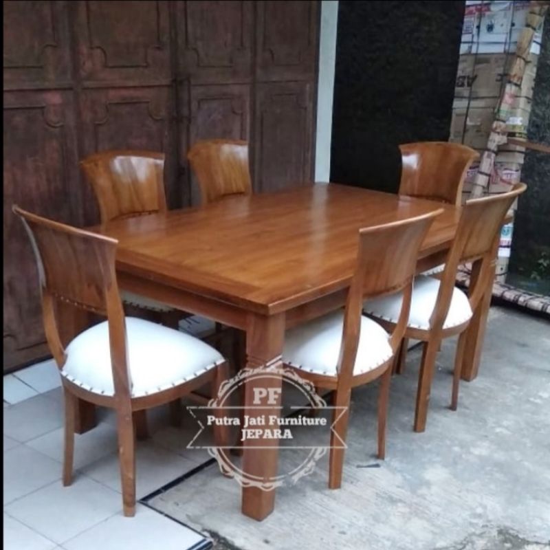 Meja makan panjang kayu jati 6 kursi + busa dudukan minimalis