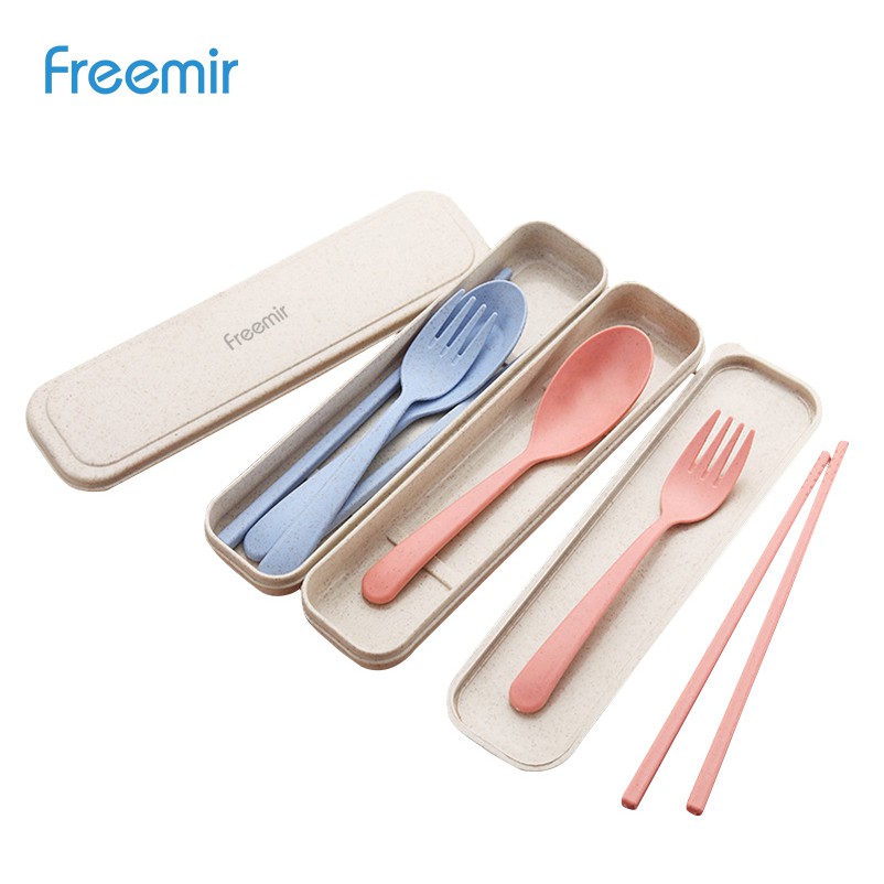 Freemir 4 in1 Wheat straw tableware Travel Cutlery Set Alat Makan