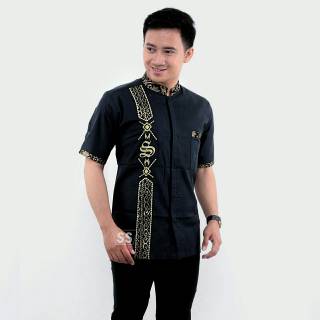 BAJU KOKO BORDIR MOTIF BATIK  SONGKET WARNA  HITAM  ABU ABU 