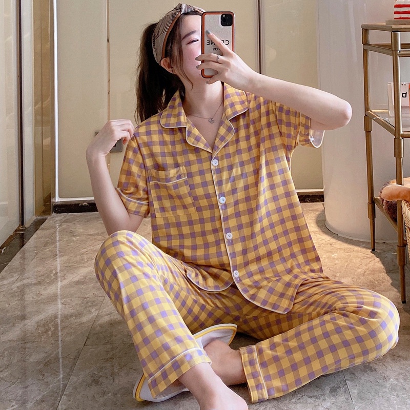 Baju Tidur Wanita Dewasa Piyama Set Kekinian Model Kemeja CP Kotak Series Import-KotakKuningCoklat
