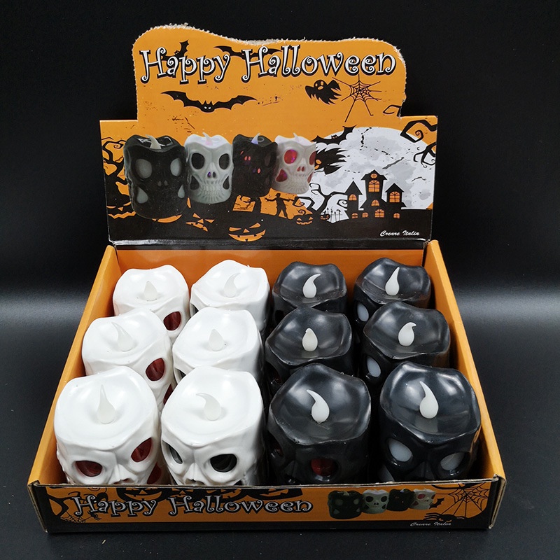 Lampu Lilin LED Tenaga Baterai Bentuk Tengkorak 3D Untuk Dekorasi Halloween