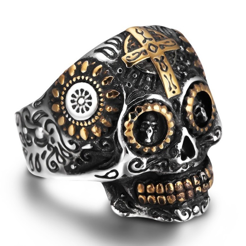 SEUSUK  Vintage Gothic Cross Funny Skull Retro Flower Sugar Skull Classics Biker Ring