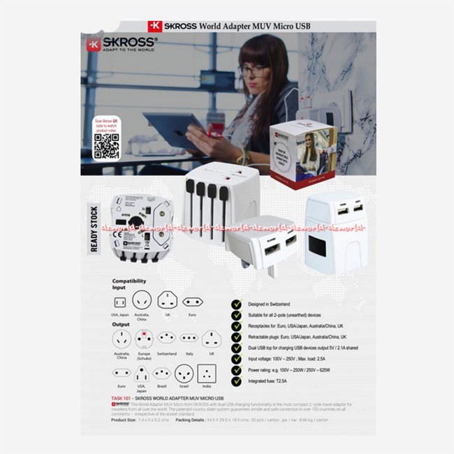Skross World Adapter Muv Micro 2Pole Alat Saklar Colokan Internasional USB Skros Travel Adaptor Pro Light Usb World