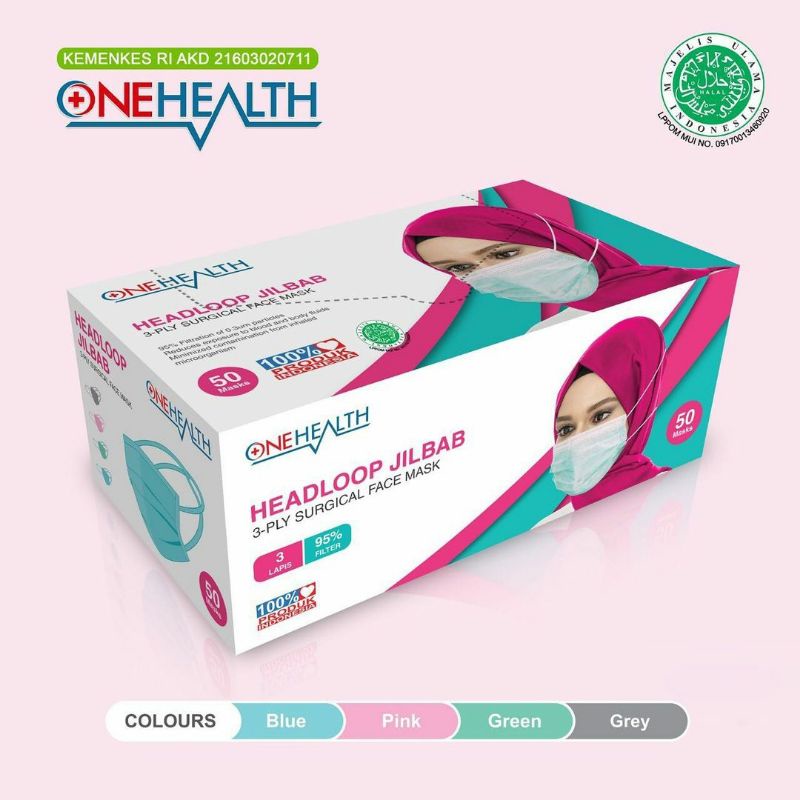 Masker One Health Hijab Medis 3ply Headloop// isi 50pcs