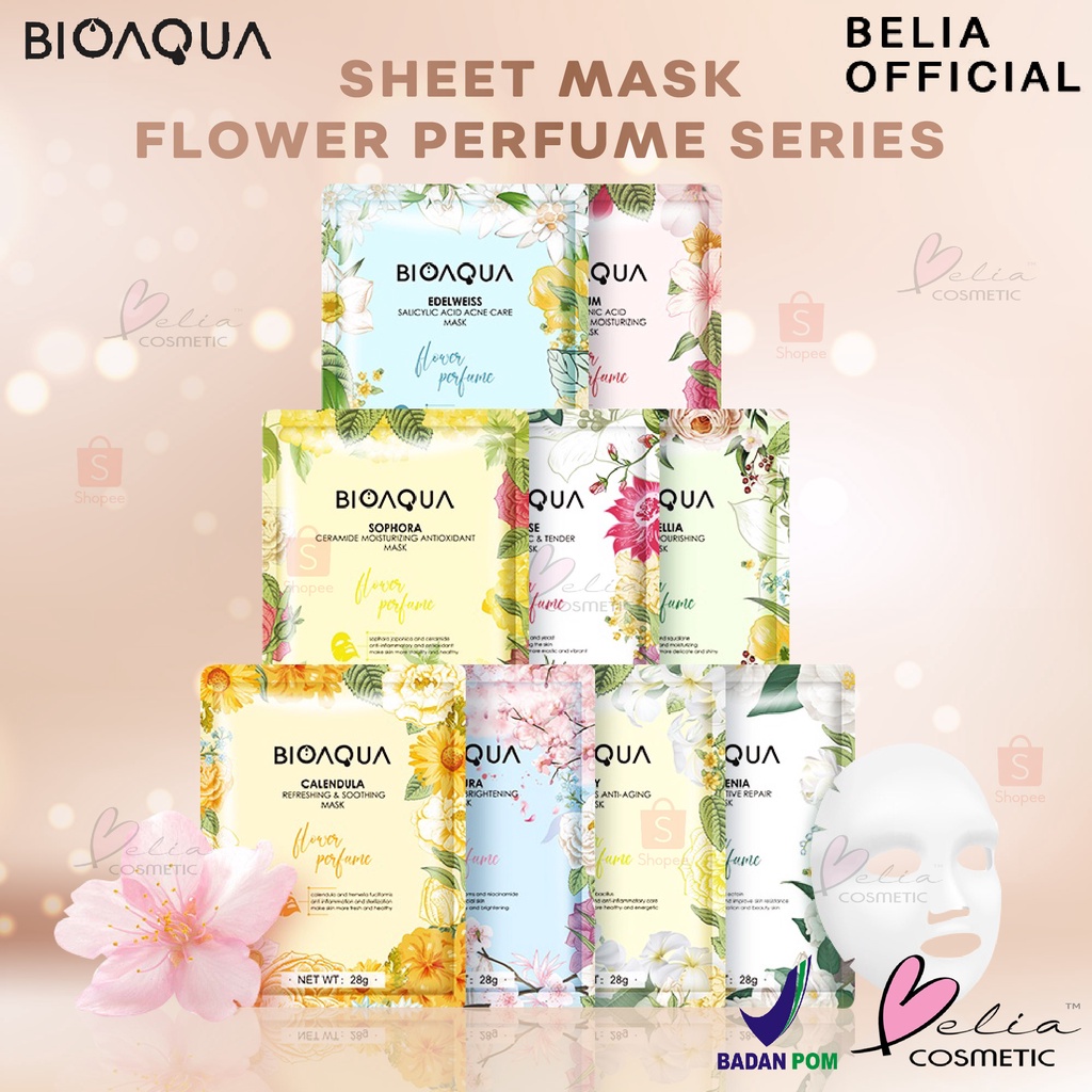 ❤ BELIA ❤ BIOAQUA Sheet Mask Masker Wajah Flowers Series (28g/pcs) Hydrating Essence Face Mask Brightening dan Anti Acne | BPOM