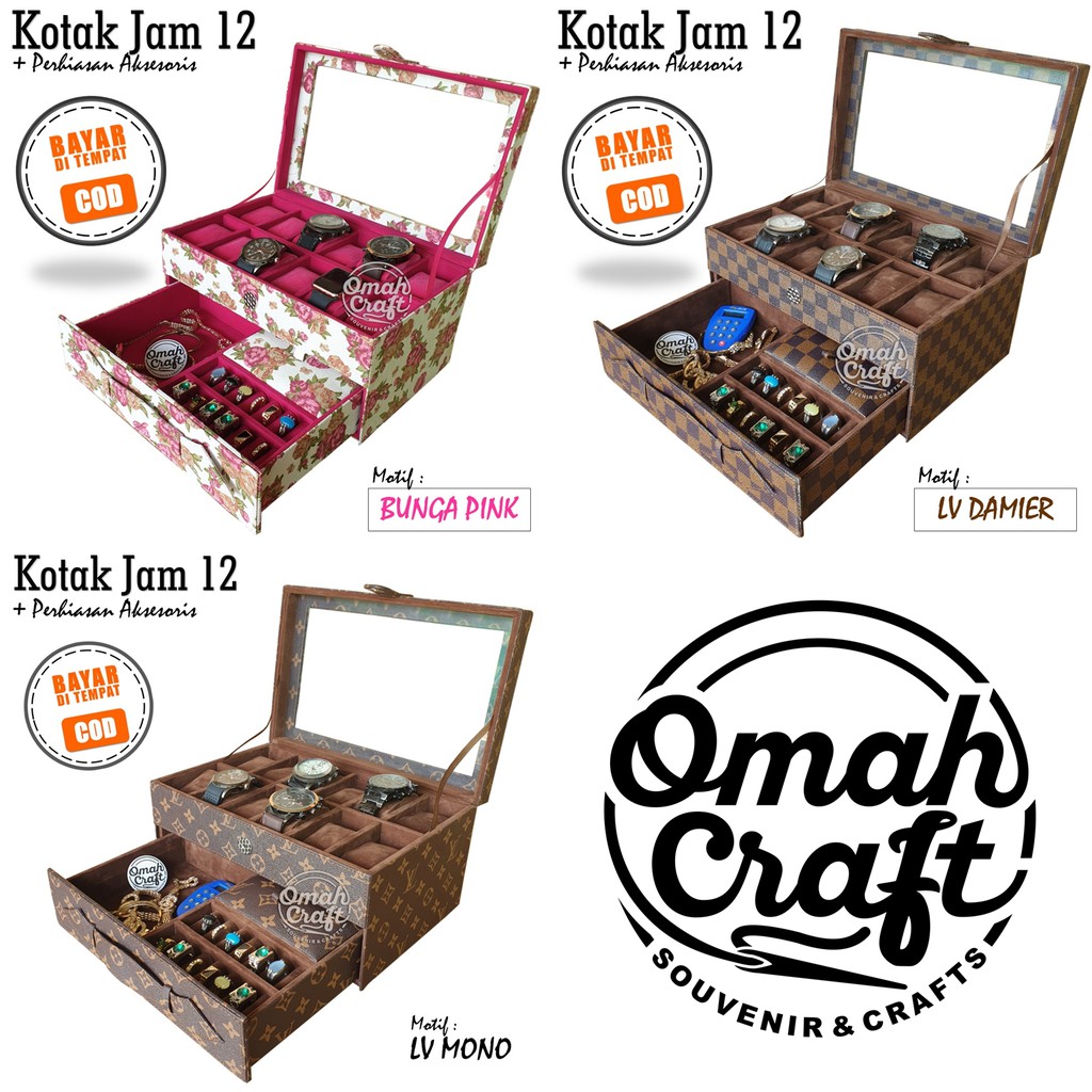 Kotak Jam Tangan isi 12 Motif MONO / Box Tempat Jam Tangan mix Perhiasan dan Aksesoris Cincin Kalung