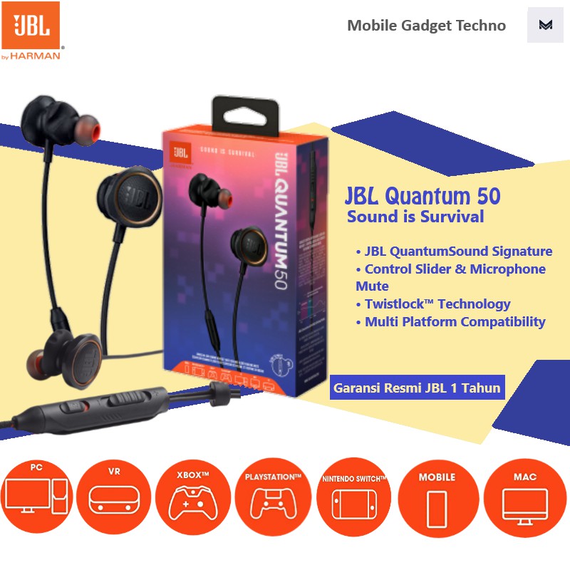 JBL Quantum 50 Earphone Headset Q50 With Mic Gaming Wired Bass Stereo