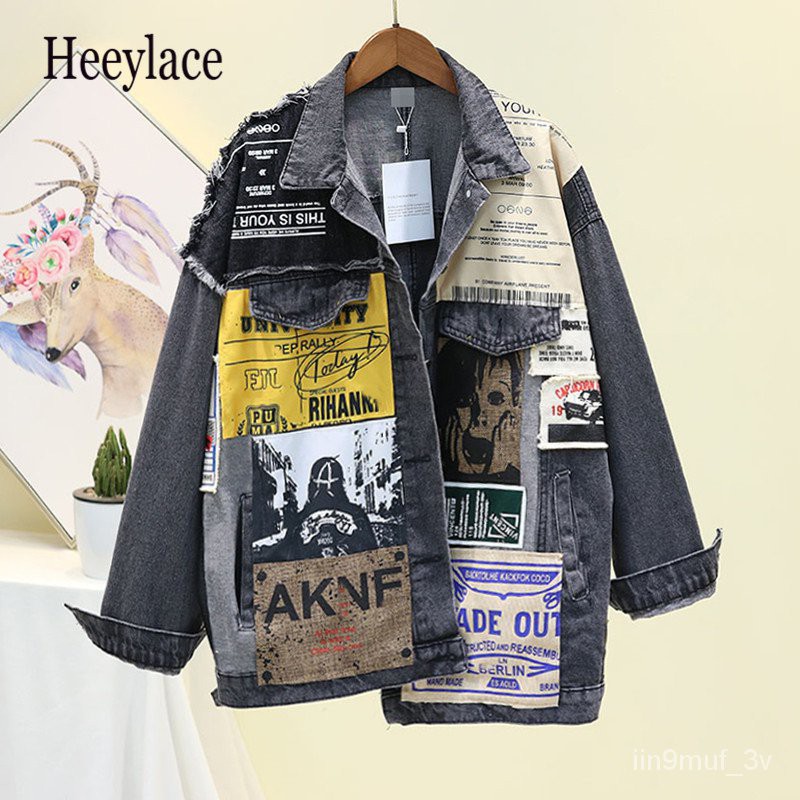 Hip hop Denim Jacket Women autumn Long sleeve appliques newspaper trend coat Vintage Bomber Jacket C
