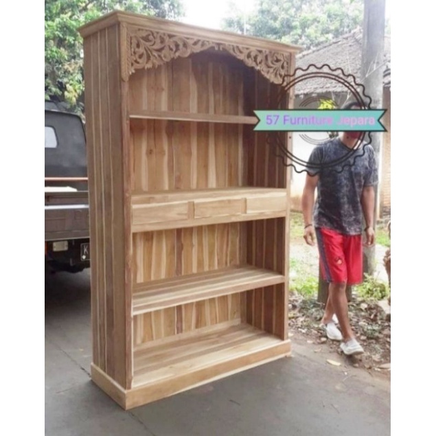 Rak Buku Kayu Jati - Lemari Hias Ukir Tempat Pajangan - Mentahan