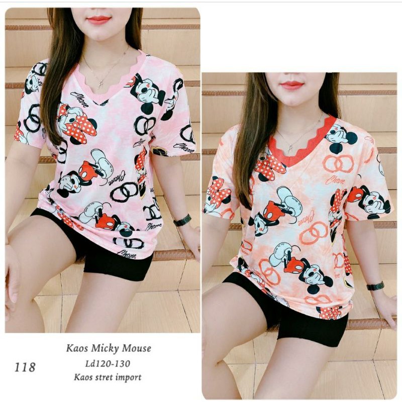 kaos wanita import mickey neck v zigzag