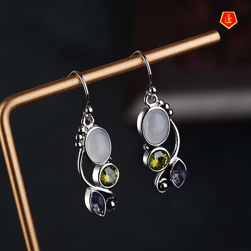 [Ready Stock]Fashion Elegant 925 Silver Moonstone Colored Gems Earrings