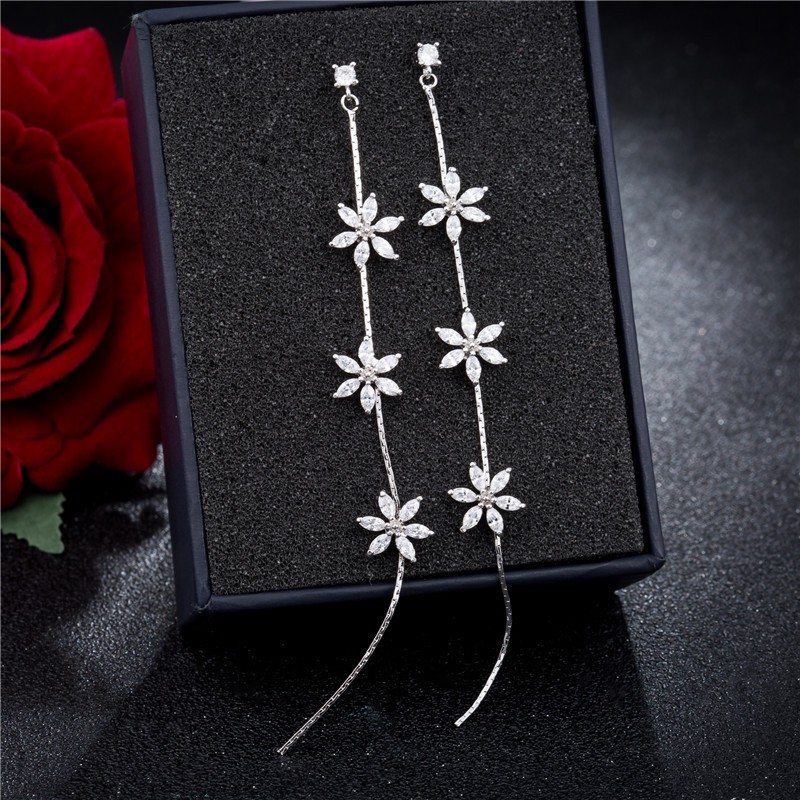 Anting Silver Perak S925 Wanita Fashion Murah AAS002 motif bunga panjang bawah juntai cocok pesta