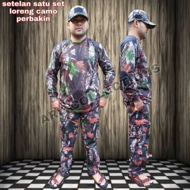 Setelan satu set celana kaos topi bdu loreng camo hunting perbakin/setelan army pdl lapangan outdoor