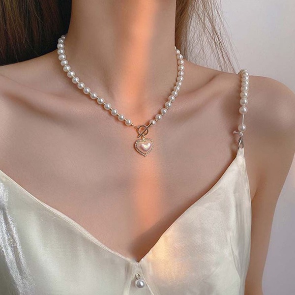 kalung mutiara hati sweet simple pearl love necklace jka242(3E2)