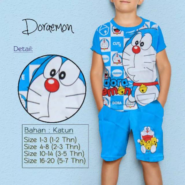Setelan Baju Kaos Doraemon Anak Import Umur 2 - 10 Tahun Baju Celana Lengan Pendek Murah