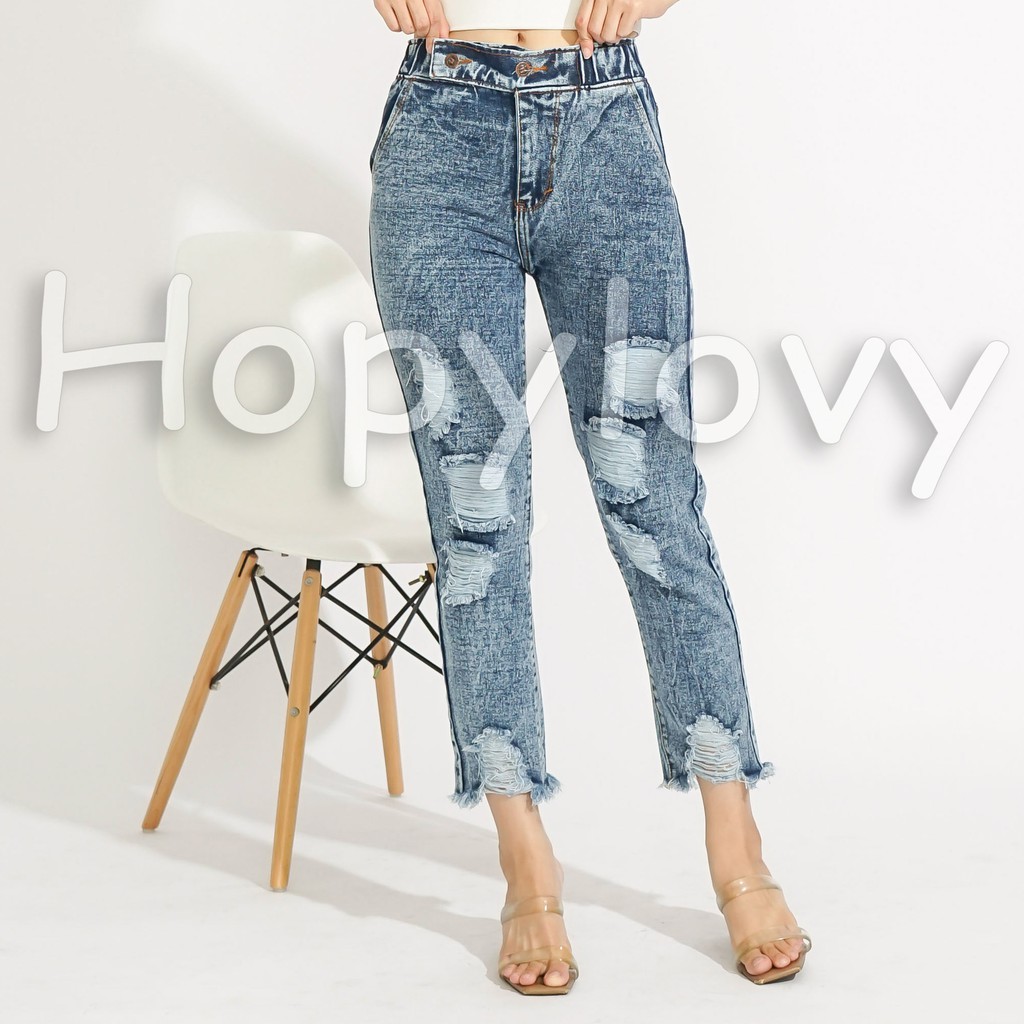 HOPYLOVY Celana Boyfriend Jeans Wanita Sobek Ripped High Waist HW Unfinished Rania