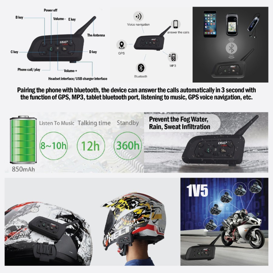 EJEAS V6 Pro Bluetooth Intercom Helm 6 Rider Helmet SENA