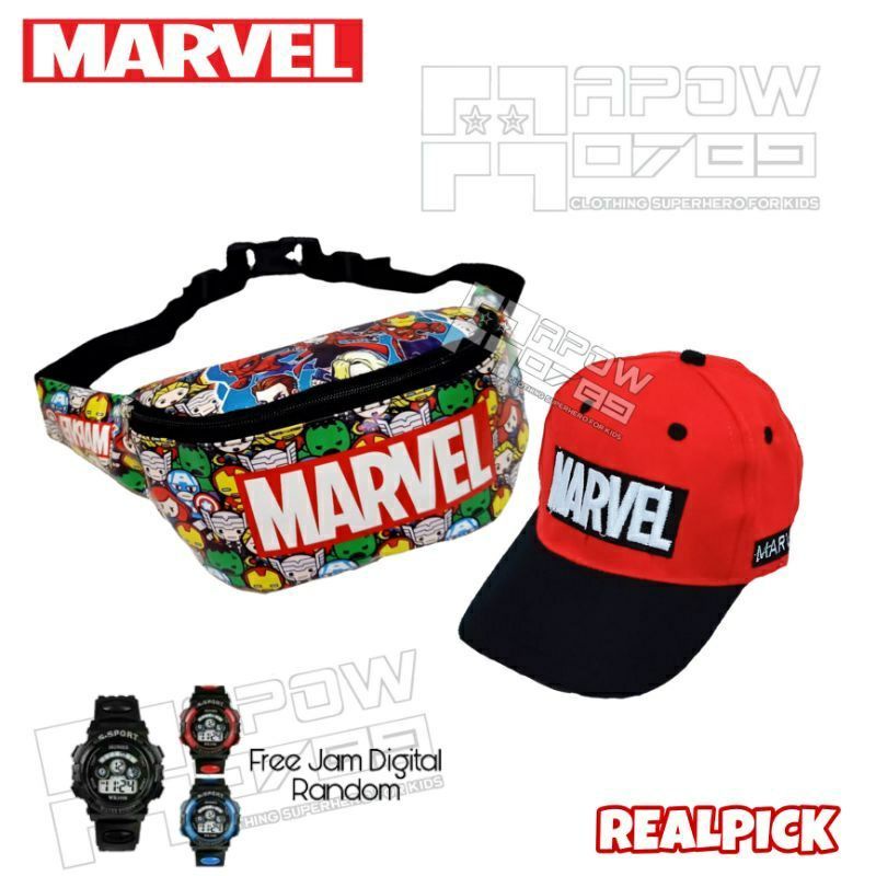 Paket Hemat 3in1 Tas Selempang Anak Waistbag Karakter Free Topi Dan Jam Tangan G-Shock Usia 2-10th