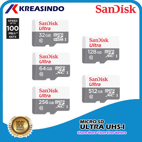 Sandisk Ultra Microsd 100mb/s Memory Card 32gb 64gb 128gb 256gb Garansi Resmi