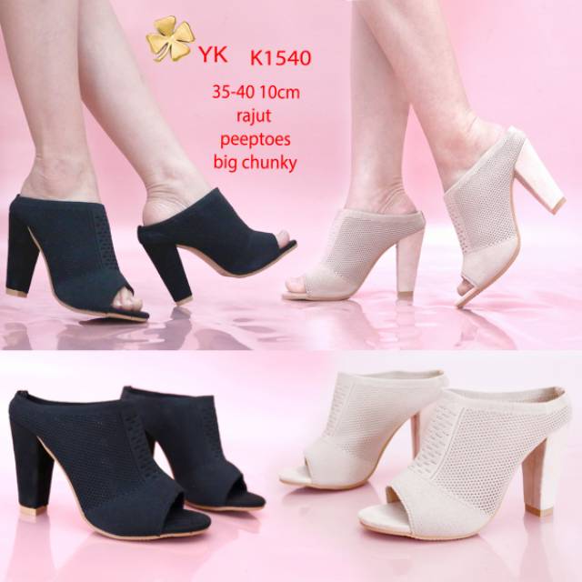 YKshoes 1540 10cm sepatu big chunky heels black cream sepatu hak square kotak peep toes rajut import