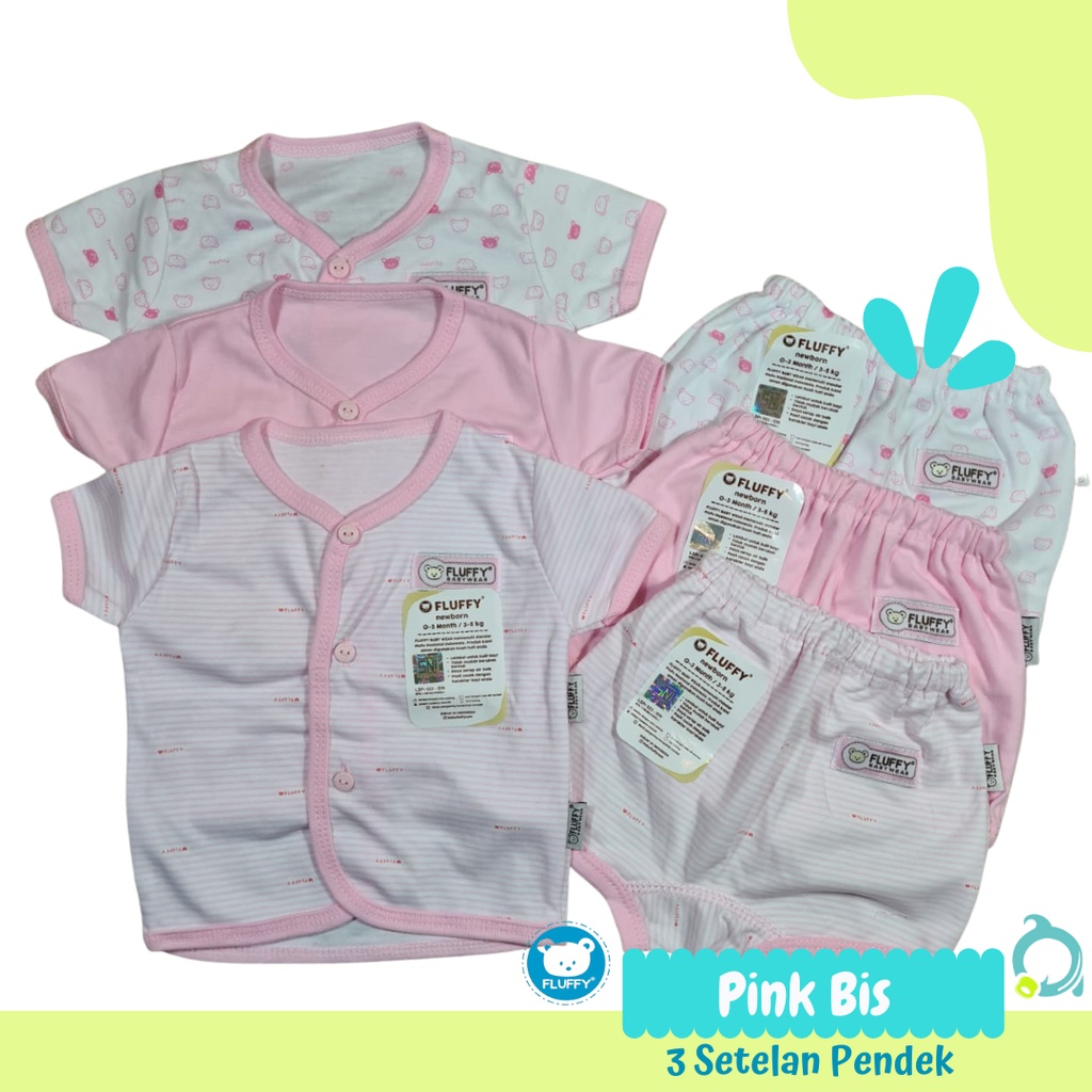 FLUFFY 3 Stelan Pendek Neci Motif Mix ( Abu | Khaki | Pink | Biru ) Size 0-3 Bulan (Newborn)