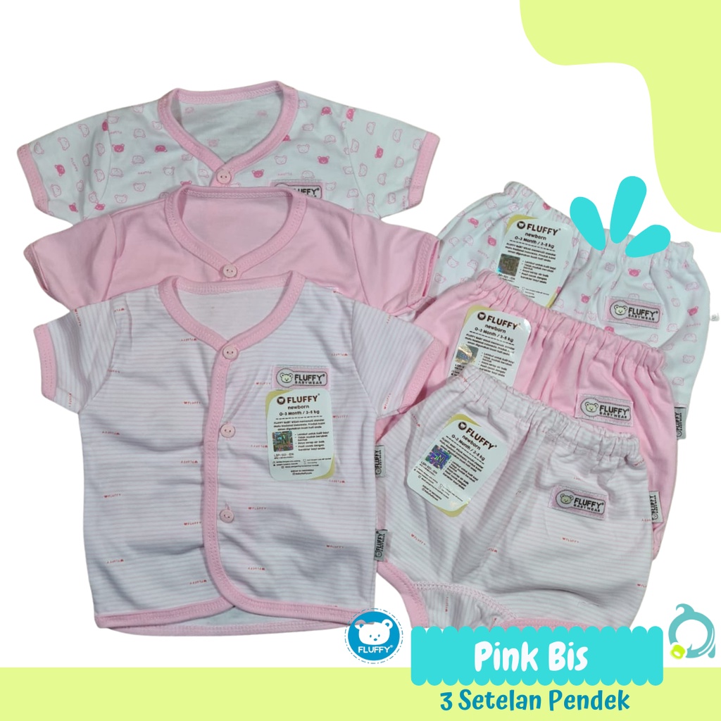 FLUFFY 3 Stelan Pendek Neci Motif Mix ( Abu | Khaki | Pink | Biru ) Size 0-3 Bulan (Newborn)